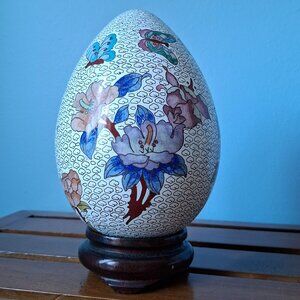VTG 50s/60s Chinese Cloisonné Egg on Wood Stand, Large 8" Floral Enamel Decor